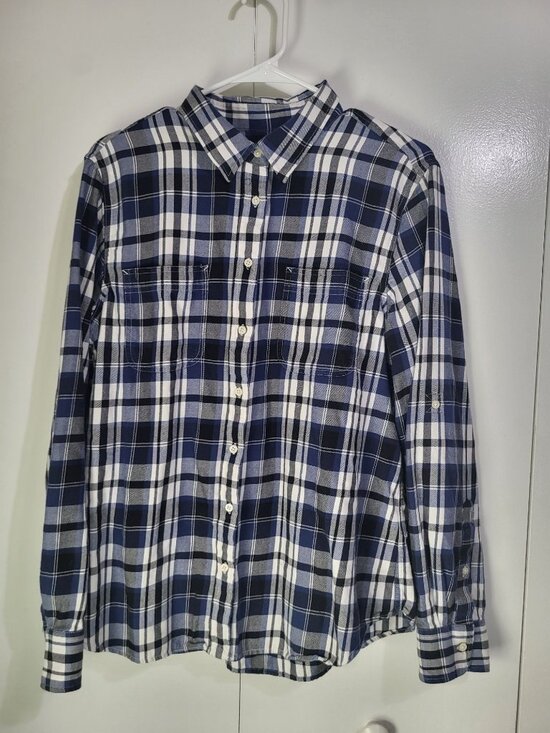 Lauren Ralph Lauren Women's XL Plaid Button Up Shirt Blue White Black Roll Tab - Picture 2 of 8